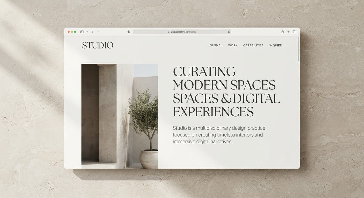 A sophisticated, high-end editorial website browser mockup displayed on an angle against a minimalist light stone background.