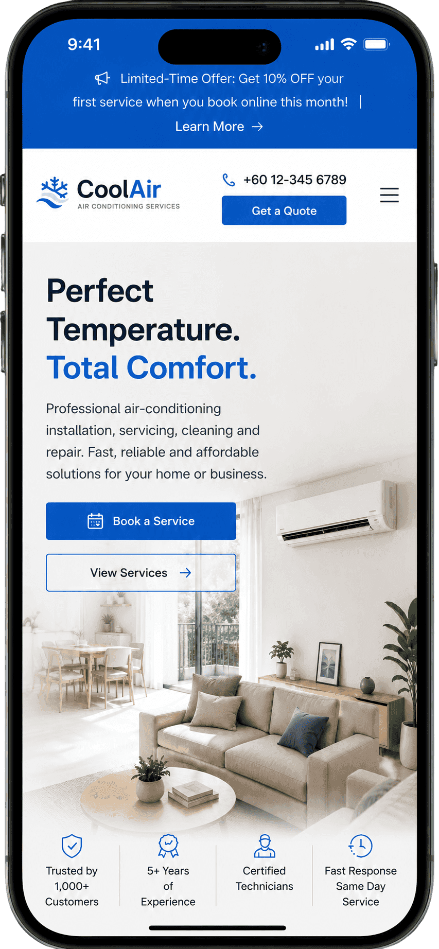 Air-conditioning website design shown on a phone
