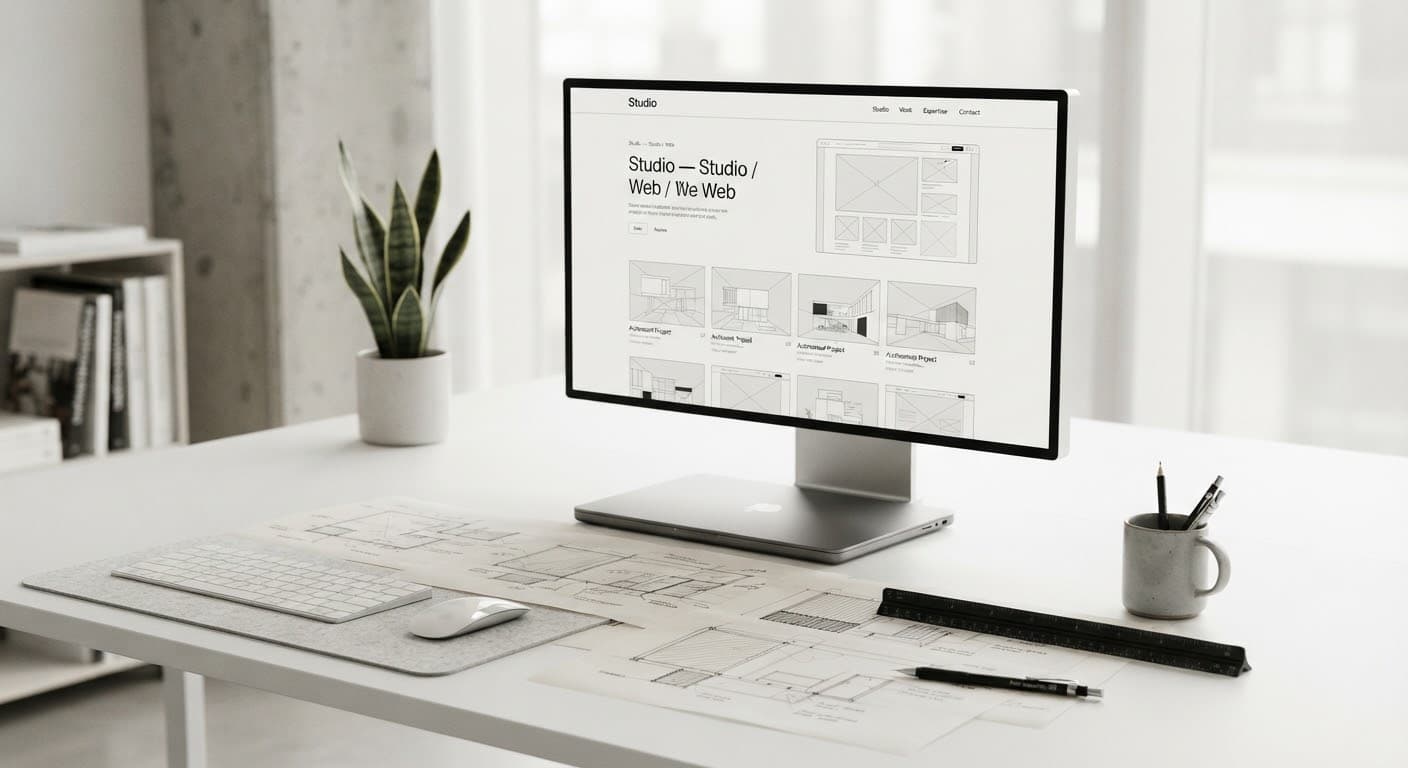 A clean desk with a modern monitor displaying website wireframes and scattered layout sketches.